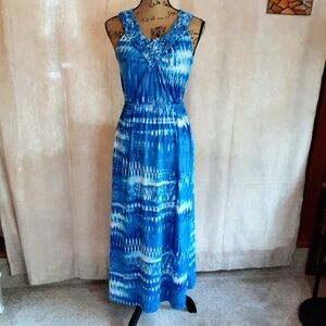 Faded Glory Tye Die Shades of Blue Sleeveless Maxi Dress V-neck Sz S
